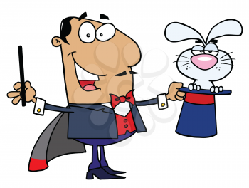 Royalty Free Clipart Image of a Magician With a Rabbit in a Hat