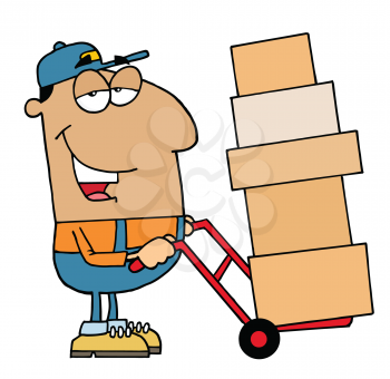Royalty Free Clipart Image of a Man Moving Boxes on a Dolly