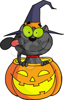 Royalty Free Clipart Image of a Black Cat in a Jack-o-Lantern