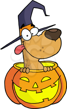 Royalty Free Clipart Image of a Dog in a Jack-o-lantern