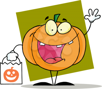 Royalty Free Clipart Image of a Pumpkin Holding a Halloween Treat Bag