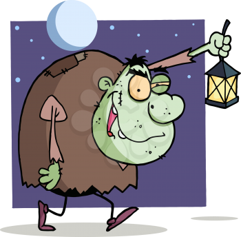 Royalty Free Clipart Image of an Igor Character Carrying a Lantern at Night
