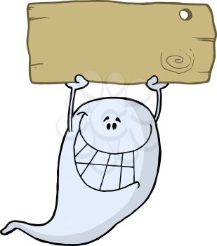 Royalty Free Clipart Image of a Ghost Holding a Sign