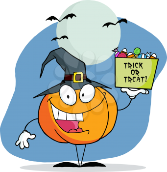 Royalty Free Clipart Image of a Pumpkin Holding a Bag of Candy