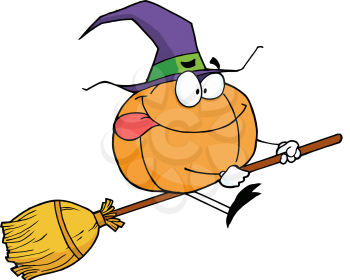 Royalty Free Clipart Image of a Pumpkin Wearing a Witch's Hat Riding a Broomstick