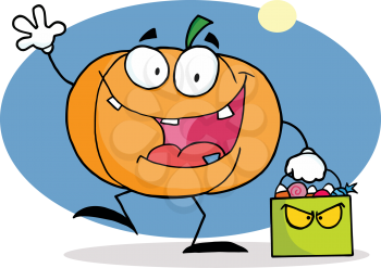 Royalty Free Clipart Image of a Pumpkin Carrying a Treat Bag