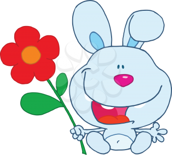Royalty Free Clipart Image of a Rabbit Holding a Flower