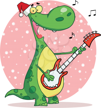 Royalty Free Clipart Image of a Dinosaur Playing Guitar and Wearing a Santa Hat