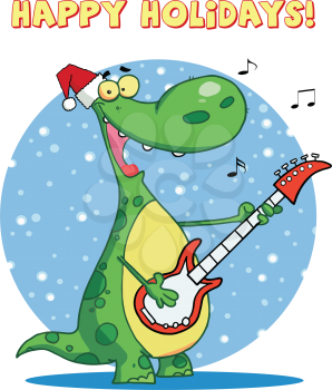 Royalty Free Clipart Image of a Dinosaur Playing Guitar on a Valentine Greeting