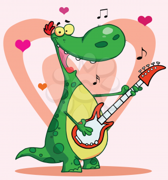 Royalty Free Clipart Image of a Dinosaur With a Guitar Singing a Love Song