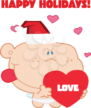 Royalty Free Clipart Image of Cupid on a Christmas Greeting