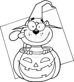Royalty Free Clipart Image of a Cat Wearing a Witch's Hat Inside a Jack-o-Lantern