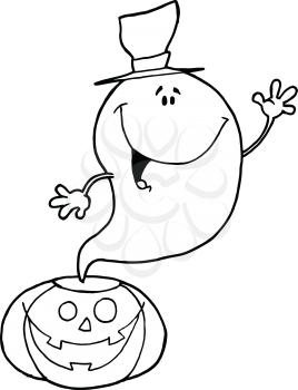Royalty Free Clipart Image of a Ghost Coming Out of a Pumpkin