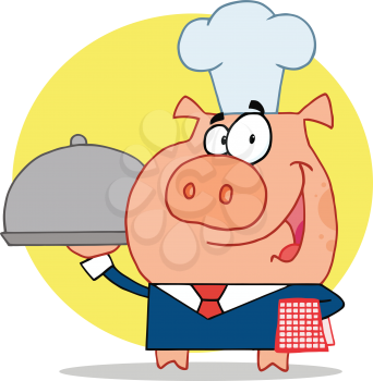 Royalty Free Clipart Image of a Pig With a Tray
