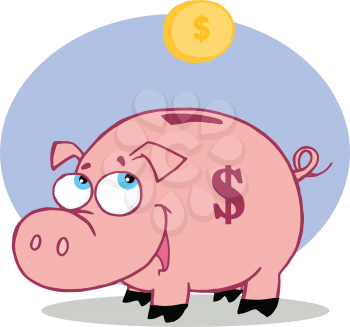 Royalty Free Clipart Image of a Coin Going Into a Piggy Bank