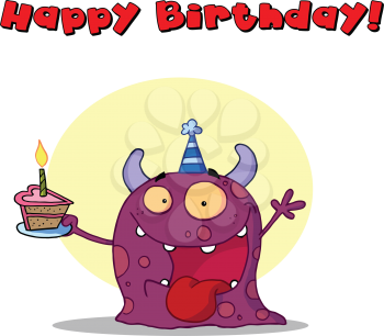 Royalty Free Clipart Image of a Monster on a Happy Birthday Message