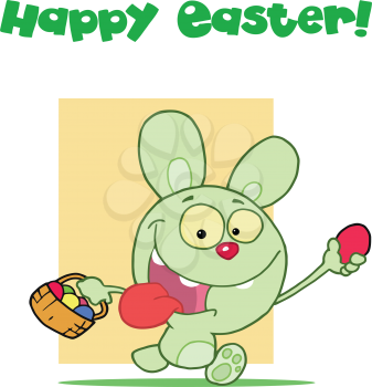 Royalty Free Clipart Image of an Easter Greeting With a Rabbit Carrying Eggs
