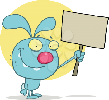Royalty Free Clipart Image of a Blue Rabbit Holding a Sign