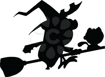 Royalty Free Clipart Image of a Witch and a Cat on a Broom