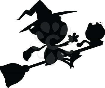 Royalty Free Clipart Image of a Witch and Cat on a Broom