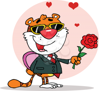 Royalty Free Clipart Image of a Tiger With a Rose