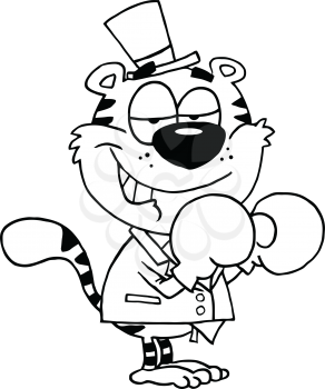 Royalty Free Clipart Image of a Formally Dressed Tiger Wearing Boxing Gloves