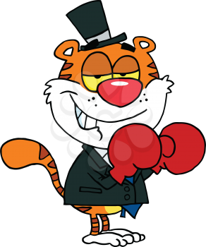Royalty Free Clipart Image of a Tiger in a Top Hat Wearing Boxing Gloves