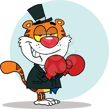 Royalty Free Clipart Image of a Tiger in a Tux and Top Hat Wearing Boxing Gloves