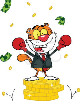 Royalty Free Clipart Image of a Tiger on a Pile of Coins
