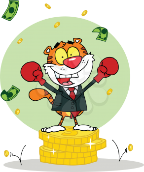 Royalty Free Clipart Image of a Tiger on a Pile of Coins