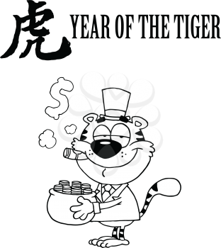 Royalty Free Clipart Image of a Tiger in a Tux Holding a Pot of Gold Under the Year of the Tiger