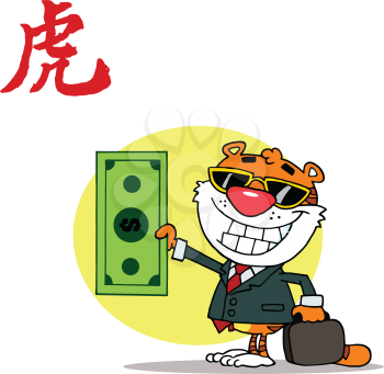 Royalty Free Clipart Image of a Tiger Businessman With Money for Year of the Tiger