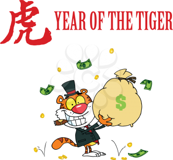 Royalty Free Clipart Image of a Tiger With a Bag of Money on a Year of the Tiger Design