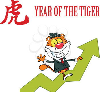 Royalty Free Clipart Image of a Tiger Riding a Chart in the Year of the Tiger