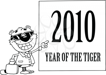 Royalty Free Clipart Image of a Tiger Businessman Pointing to a Year of the Tiger Sign for 2010