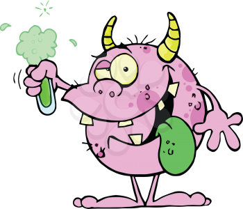 Royalty Free Clipart Image of a Happy Monster Creature With a Flask