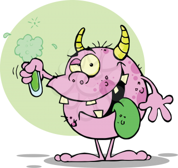 Royalty Free Clipart Image of a Happy Monster Creature With a Flask
