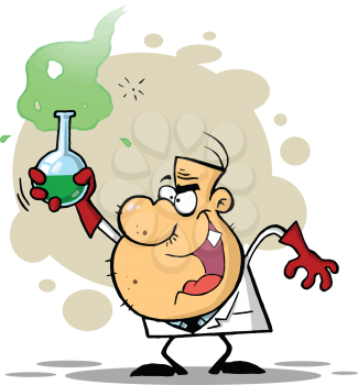 Royalty Free Clipart Image of a Mad Scientist Holding a Bubbling Beaker of Chemicals