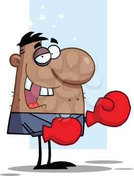 Royalty Free Clipart Image of an African American Business Person With a Black Eye Wearing Boxing Gloves