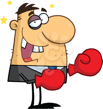 Royalty Free Clipart Image of a Businessman With a Black Eye Wearing Boxing Gloves