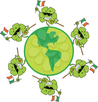 Royalty Free Clipart Image of Happy Shamrocks Making a Toast Waving Flags While Dancing Around the Globe