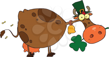 Royalty Free Clipart Image of a Saint Patrick's Day Cow With Shamrocks in His Mouth and Wearing a Hat