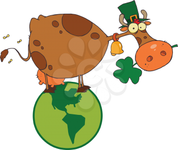 Royalty Free Clipart Image of a Saint Patrick's Day Cow With Shamrocks in His Mouth and Wearing a Hat While Standing on a Globe