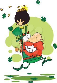 Royalty Free Clipart Image of a Lucky Leprechaun Running With a Pot of Gold