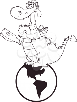 Royalty Free Clipart Image of a Leprechaun Dragon With a Pot of Gold and a Mace Sitting on a Globe