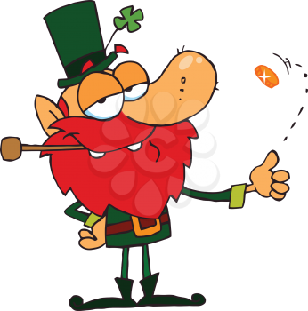 Royalty Free Clipart Image of a Leprechaun Playing With a Gold Coin