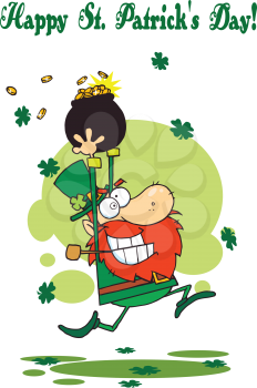 Royalty Free Clipart Image of a Leprechaun Running With a Pot of Gold