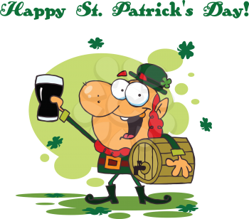 Royalty Free Clipart Image of a Leprechaun With a Keg and a Beer