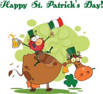 Royalty Free Clipart Image of a Happy St. Patrick's Day Message With a Leprechaun on a Cow