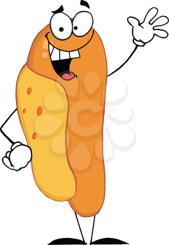 Royalty Free Clipart Image of a Hot Dog Waving a Greeting
